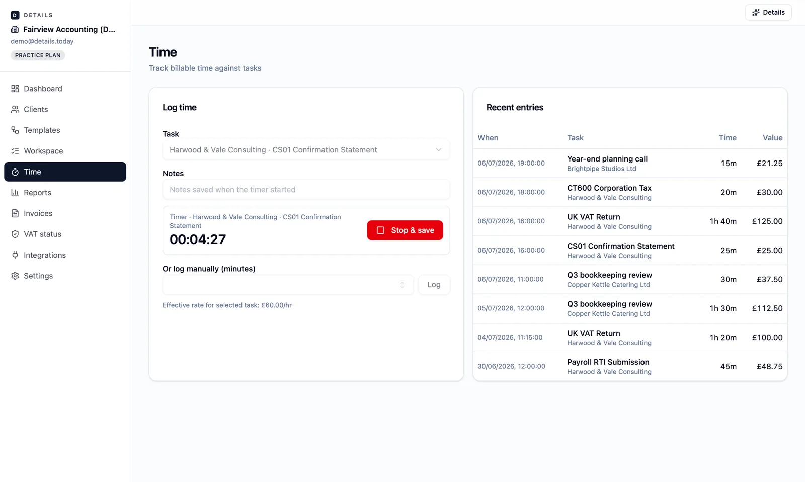 Time page showing an active timer against a CS01 task and a list of recent billable entries with values in GBP.